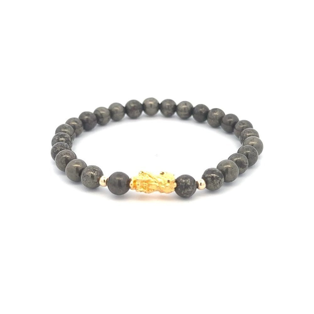 18K Gold Dragon Pixiu Piyao Lucky Charm Beads Bracelet Gemstones Pyrite 6mm